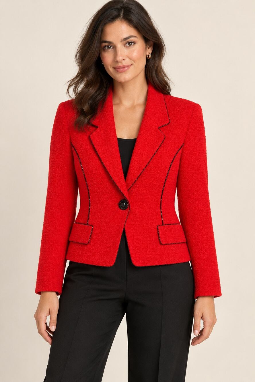 St. John Couture Marie Gray Red Knit Black Beaded Trim Jacket Size 6